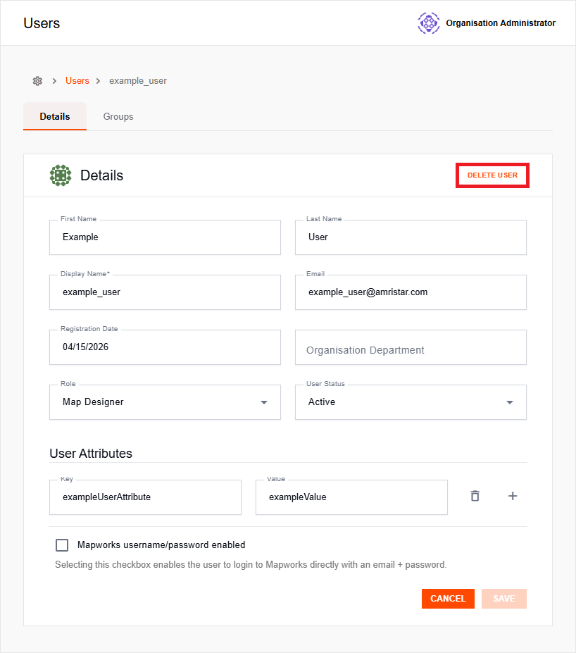 User details page with Delete User button