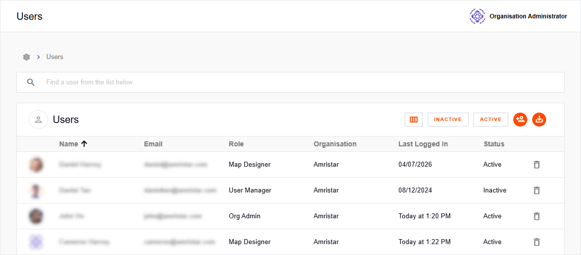 Users list in Mgt Console